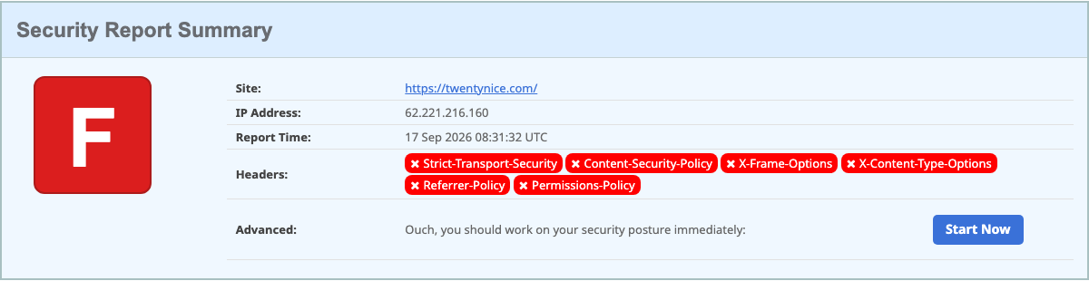 securityheaders.com geeft twentynice.com het cijfer F, met zes ontbrekende headers